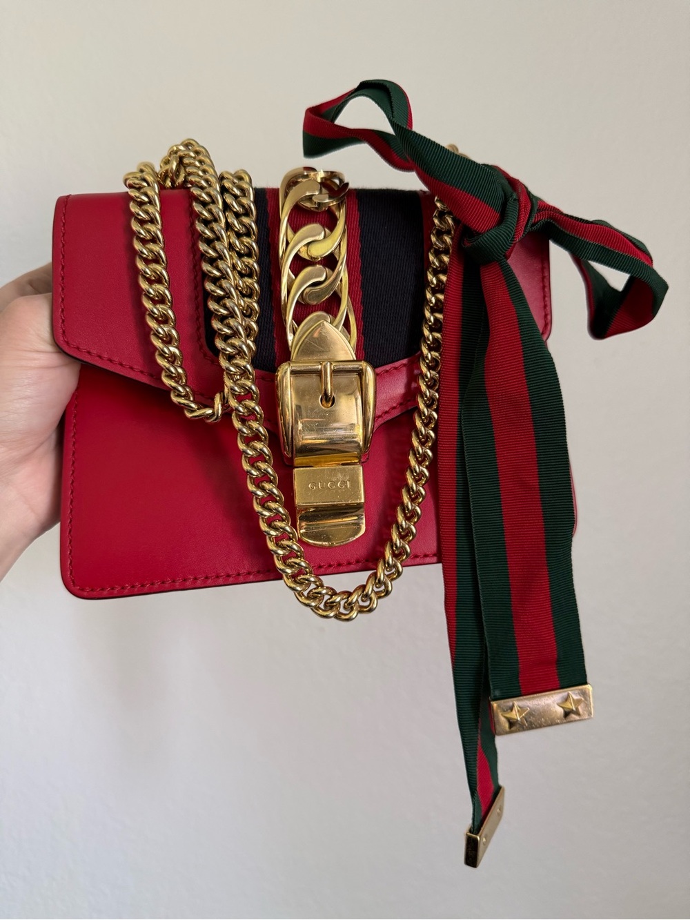 Gucci Red Leather Shoulder Bag with Gold Chain and Web Ribbon